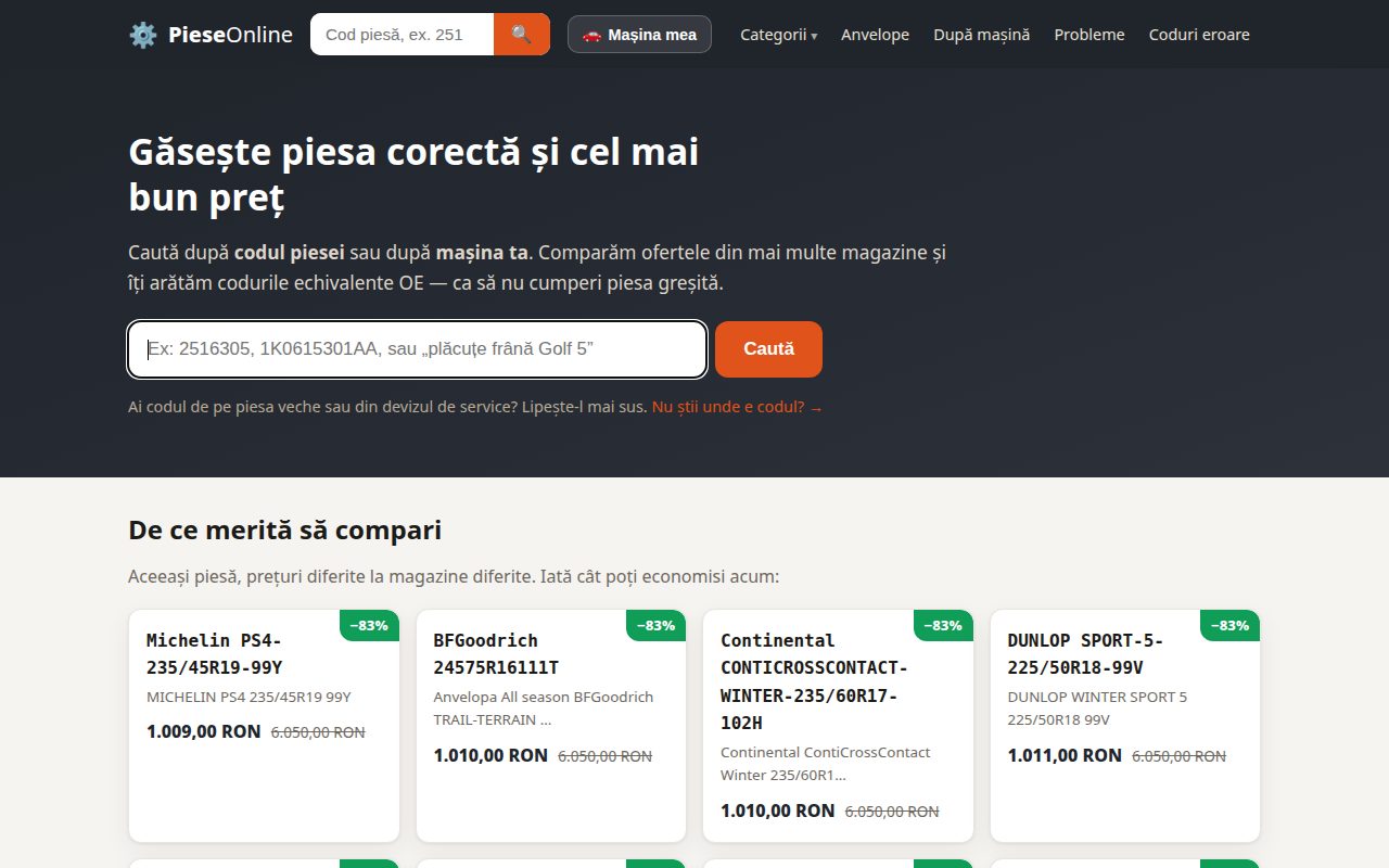 PieseOnline — auto parts comparison platform built by SiteExpert